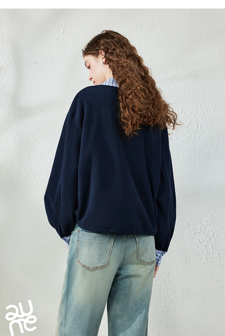 TOYOUTH Women Sweatshirt 2026 Autumn New Polar Fleece Warm Stripe Lapel Faux Two‑Piece Loose Vintage Top