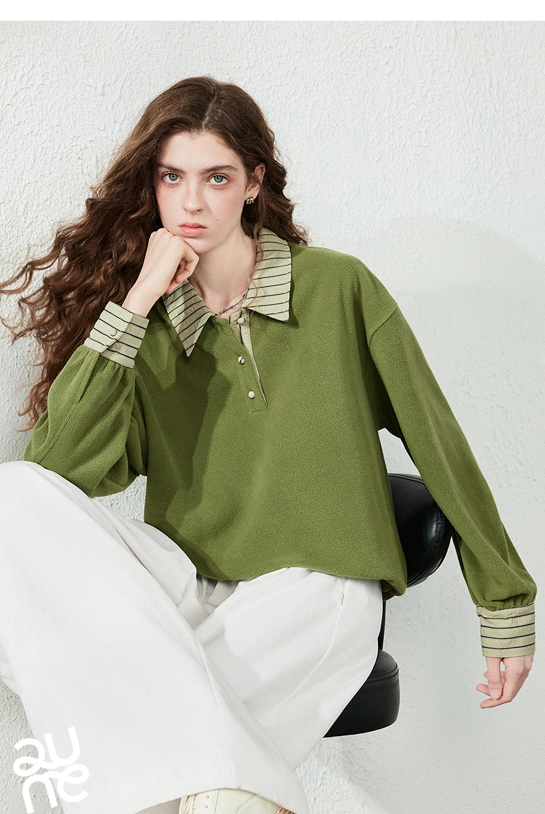 TOYOUTH Women Sweatshirt 2026 Autumn New Polar Fleece Warm Stripe Lapel Faux Two‑Piece Loose Vintage Top