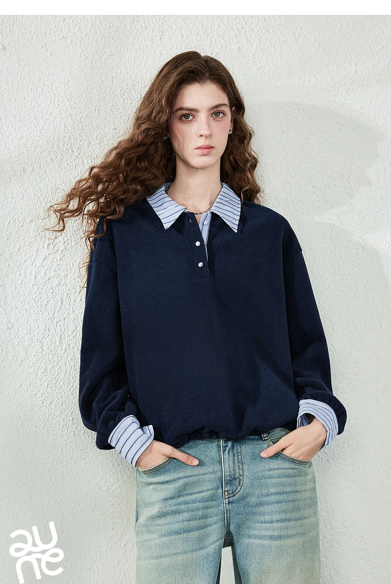 TOYOUTH Women Sweatshirt 2026 Autumn New Polar Fleece Warm Stripe Lapel Faux Two‑Piece Loose Vintage Top
