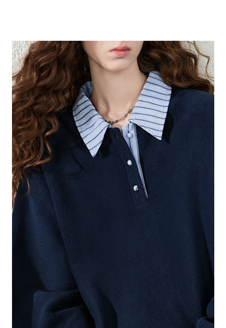 TOYOUTH Women Sweatshirt 2026 Autumn New Polar Fleece Warm Stripe Lapel Faux Two‑Piece Loose Vintage Top