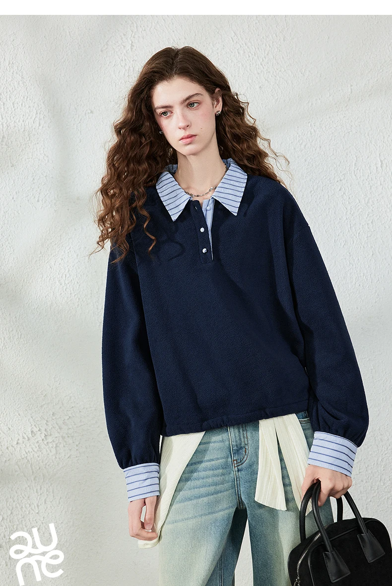 TOYOUTH Women Sweatshirt 2026 Autumn New Polar Fleece Warm Stripe Lapel Faux Two‑Piece Loose Vintage Top