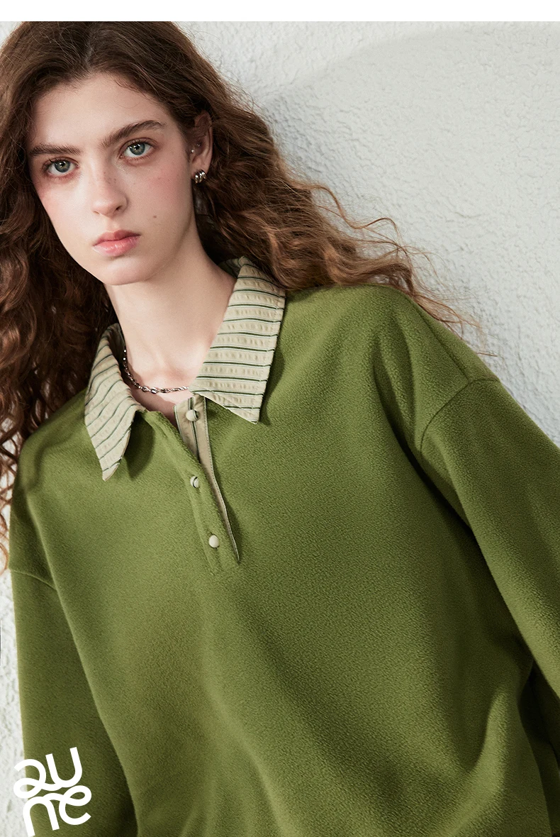 TOYOUTH Women Sweatshirt 2026 Autumn New Polar Fleece Warm Stripe Lapel Faux Two‑Piece Loose Vintage Top