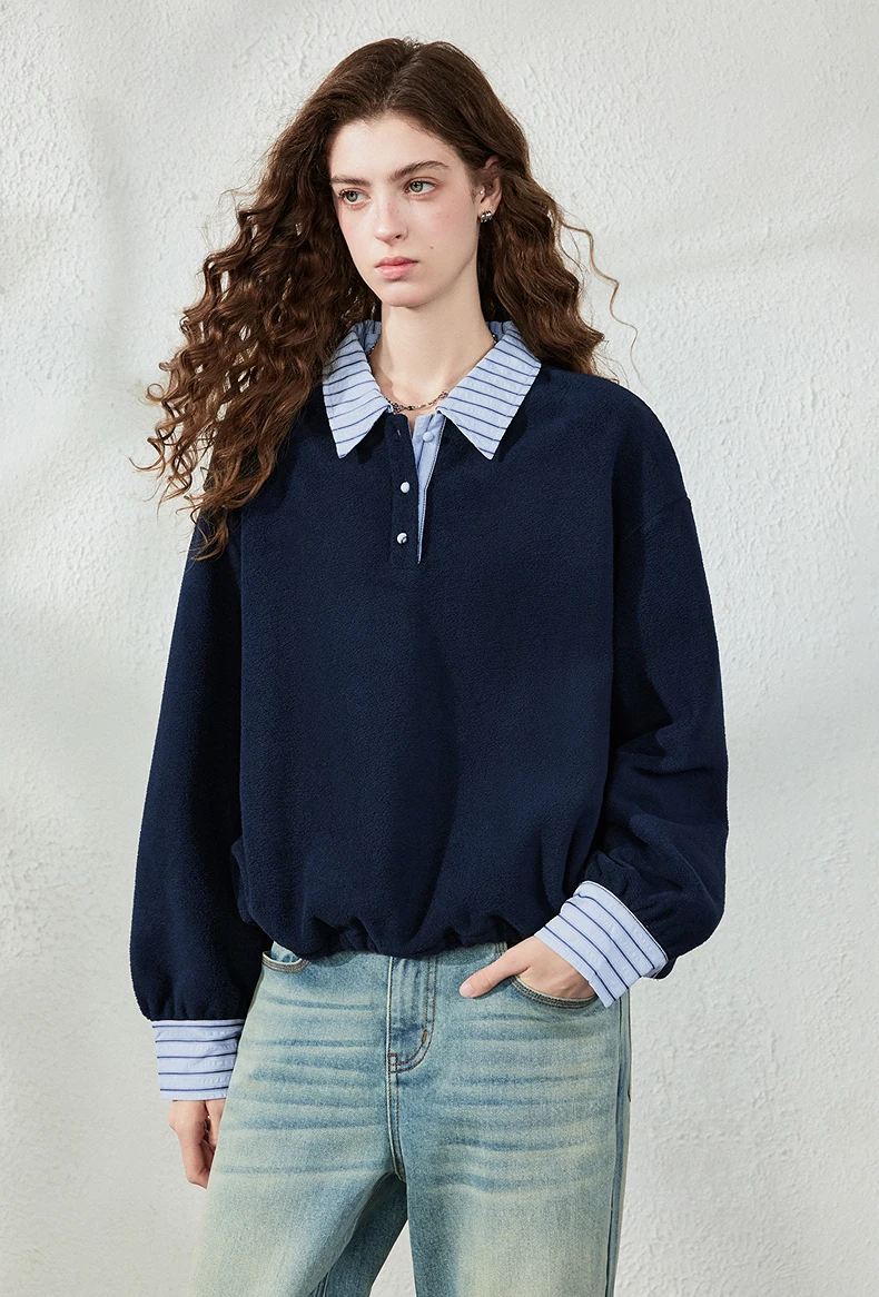 TOYOUTH Women Sweatshirt 2026 Autumn New Polar Fleece Warm Stripe Lapel Faux Two‑Piece Loose Vintage Top