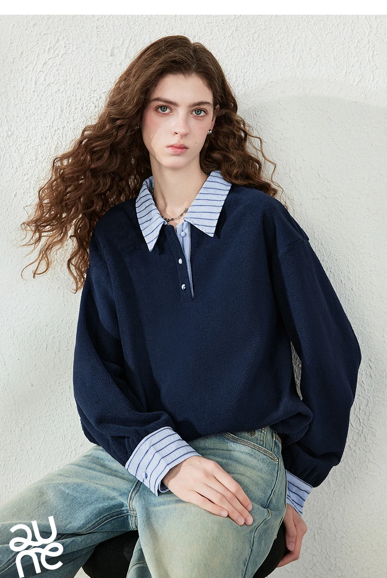 TOYOUTH Women Sweatshirt 2026 Autumn New Polar Fleece Warm Stripe Lapel Faux Two‑Piece Loose Vintage Top