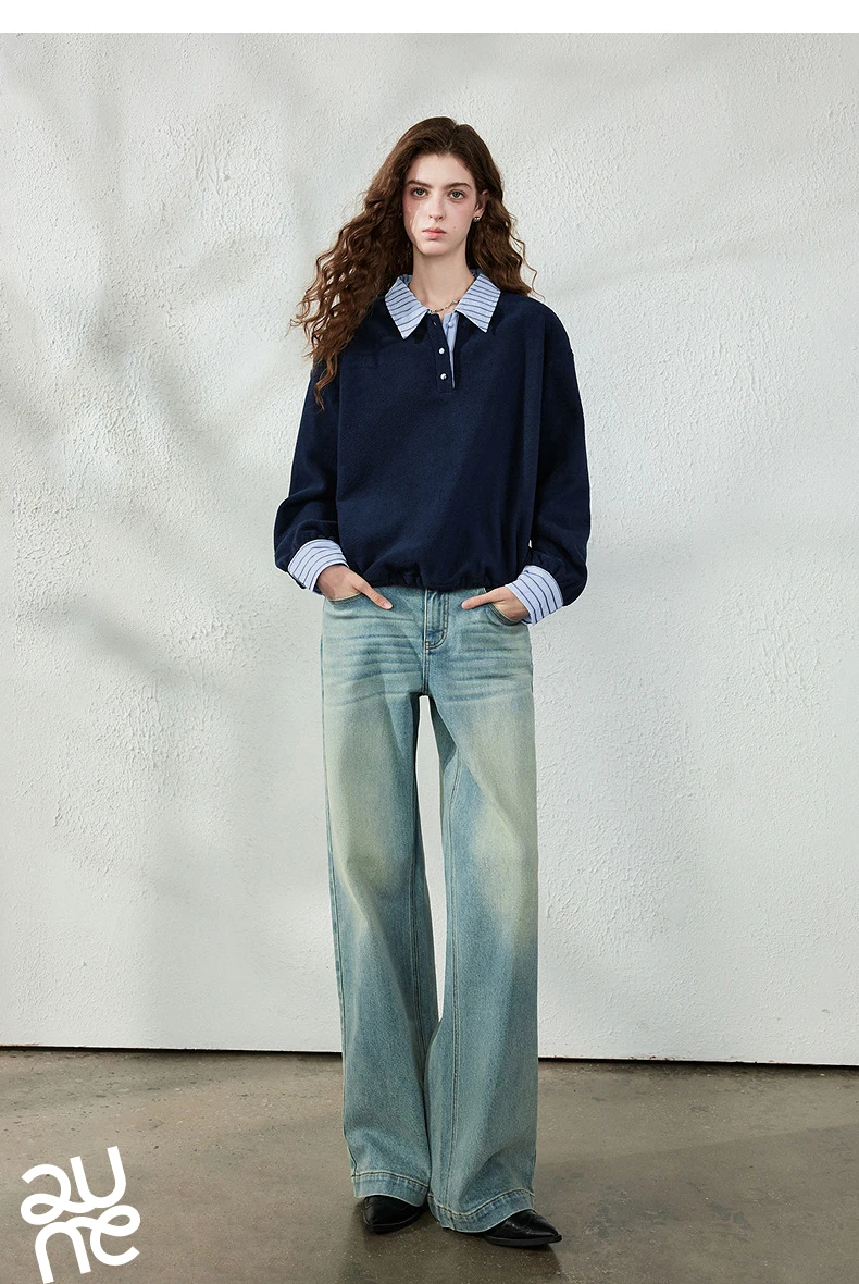 TOYOUTH Women Sweatshirt 2026 Autumn New Polar Fleece Warm Stripe Lapel Faux Two‑Piece Loose Vintage Top
