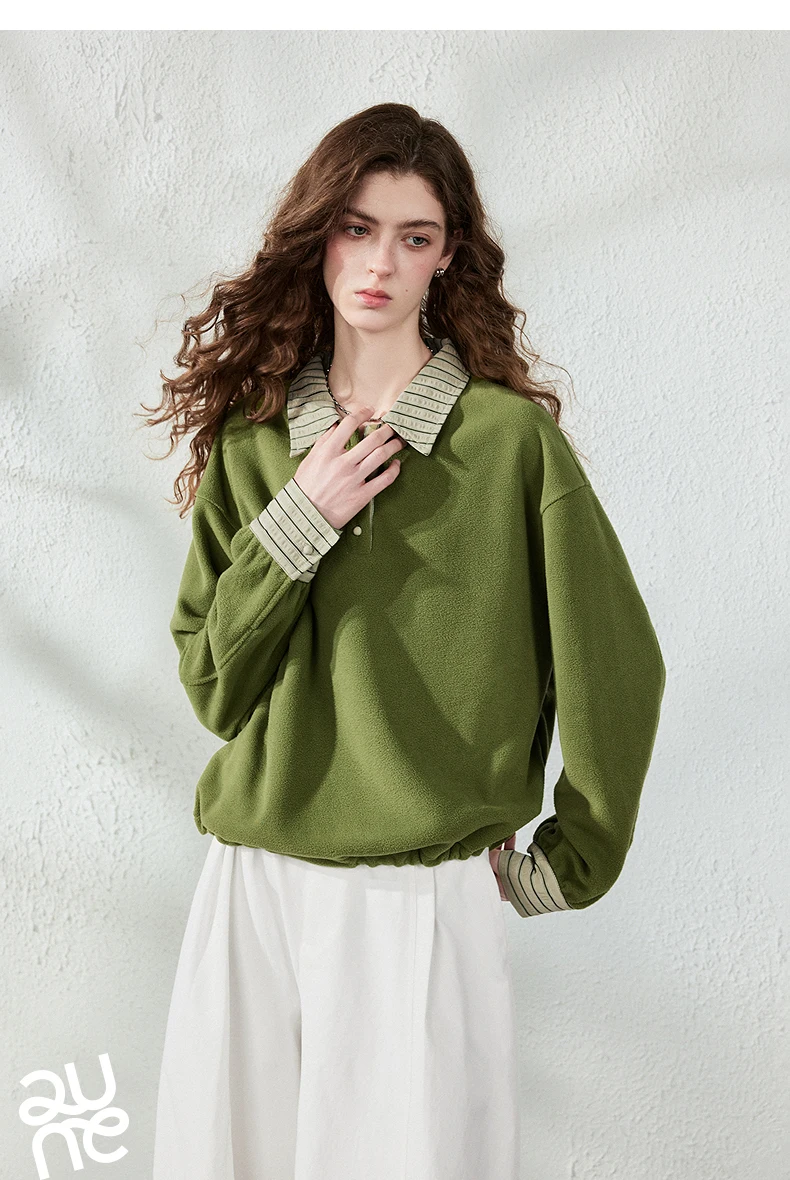 TOYOUTH Women Sweatshirt 2026 Autumn New Polar Fleece Warm Stripe Lapel Faux Two‑Piece Loose Vintage Top