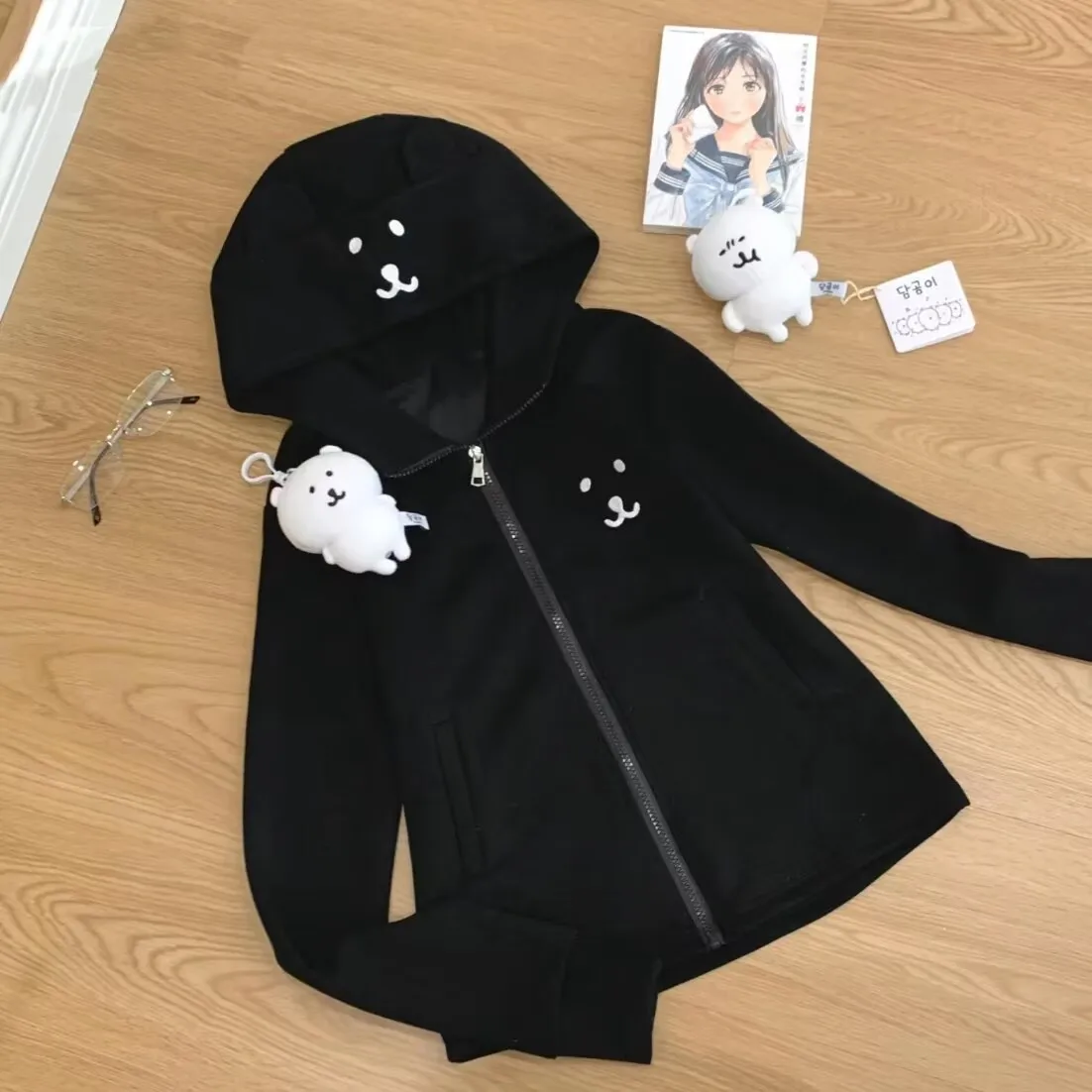 Japanese Soft Girl Fall Outfit Y2k Tops Kawaii Zip Up Sweatshirt Women Sweet Cute Cat Ear Hat Long Sleeve Loose Jacket for Girls