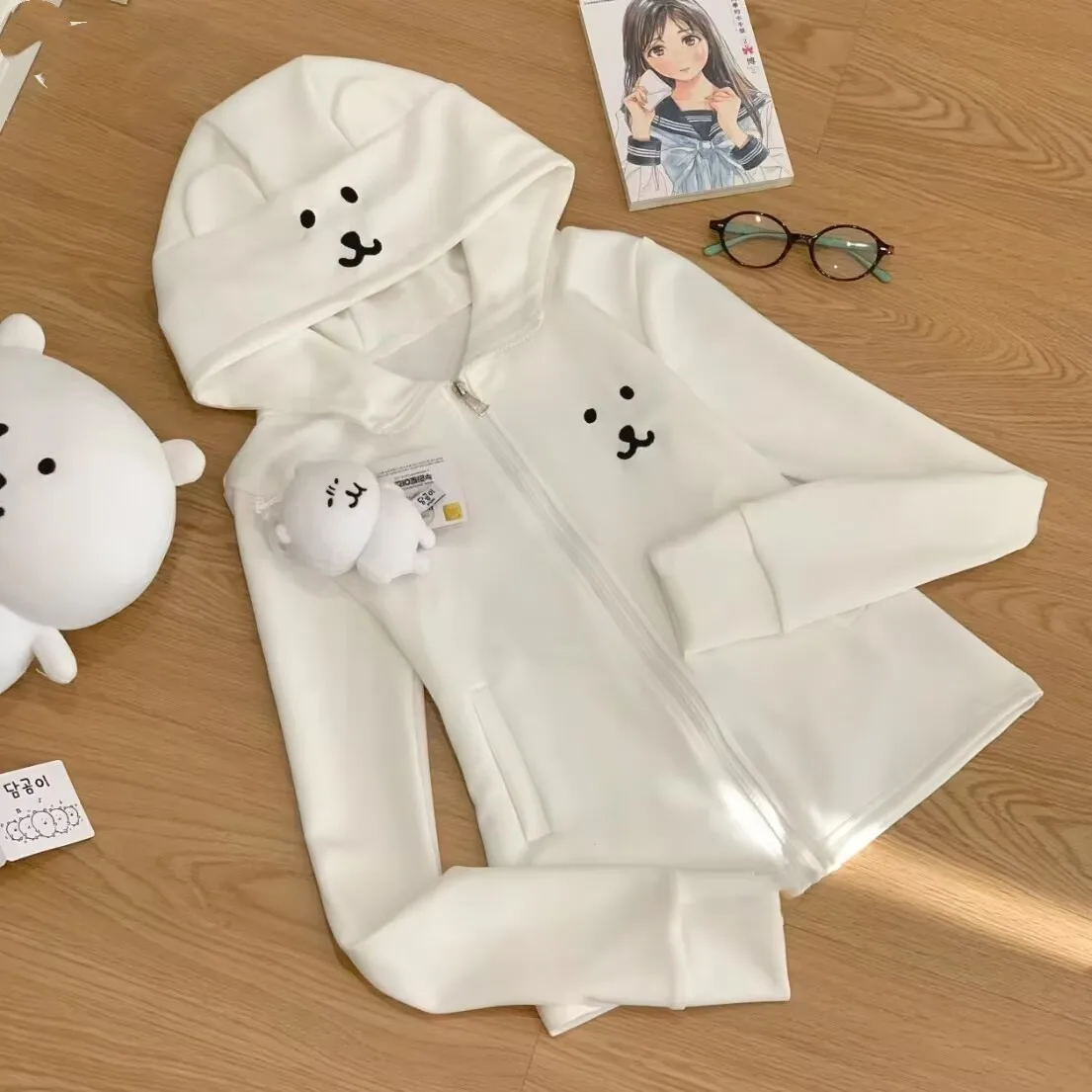 Japanese Soft Girl Fall Outfit Y2k Tops Kawaii Zip Up Sweatshirt Women Sweet Cute Cat Ear Hat Long Sleeve Loose Jacket for Girls