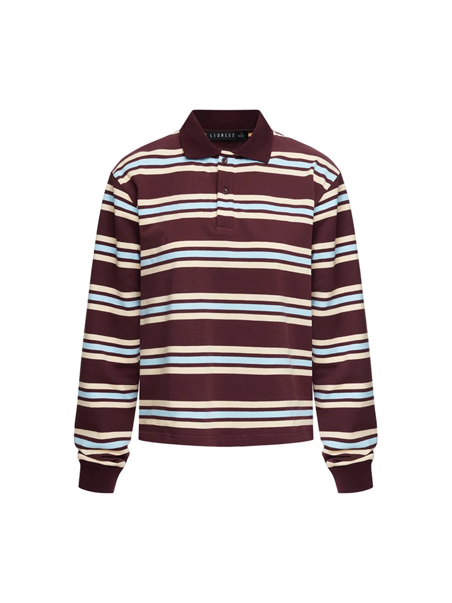 Women Striped Rugby Shirt Lapel Collar Vintage Oversize Long Sleeve Pullover Y2k Tee Casual Sweatshirts