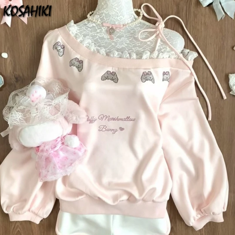 Japanese Rhinestone Cartoon Cute Sweatshirt Lace Patchwork Slash Neck Bandage Tops Y2k Aesthetic Loose Grunge Women Clothing