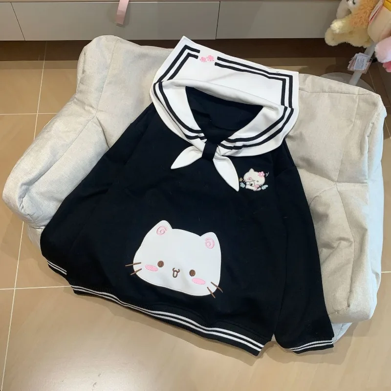 2025 Women's Clothing Japanese Sweatshirts Cute Cat Sailor Collar Loose Hoodies Cotton Thicked Fashion Casual Hoodie Ropa Mujer