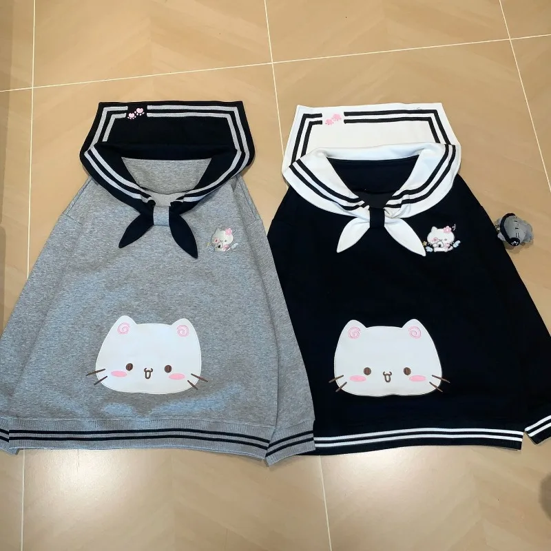 2025 Women's Clothing Japanese Sweatshirts Cute Cat Sailor Collar Loose Hoodies Cotton Thicked Fashion Casual Hoodie Ropa Mujer