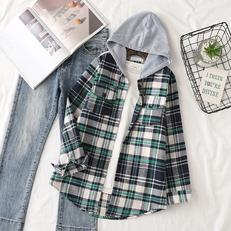 2024 Autumn New Women Long Sleeve Hoodie Style Shirts Casual Women's Red Green Plaid Sweatshirt Tops Lady Checkered Clothes