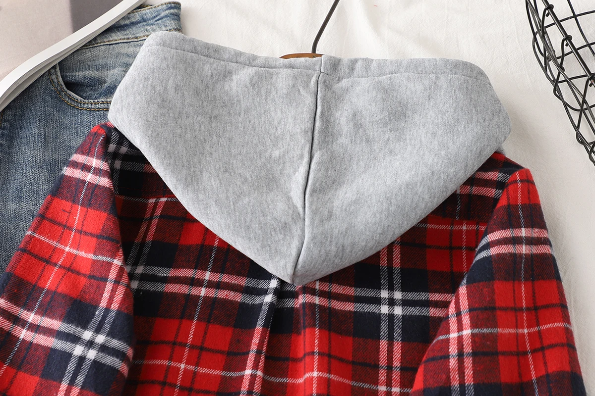 2024 Autumn New Women Long Sleeve Hoodie Style Shirts Casual Women's Red Green Plaid Sweatshirt Tops Lady Checkered Clothes