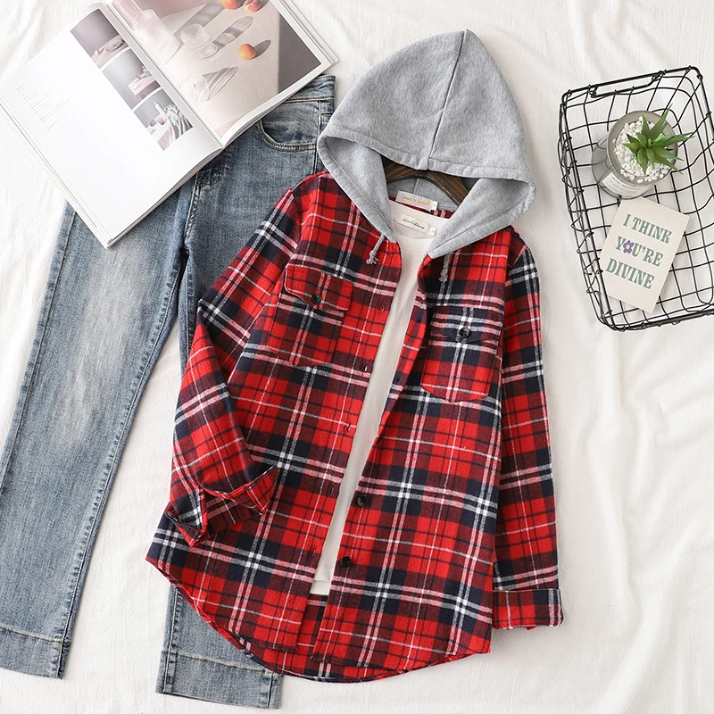 2024 Autumn New Women Long Sleeve Hoodie Style Shirts Casual Women's Red Green Plaid Sweatshirt Tops Lady Checkered Clothes