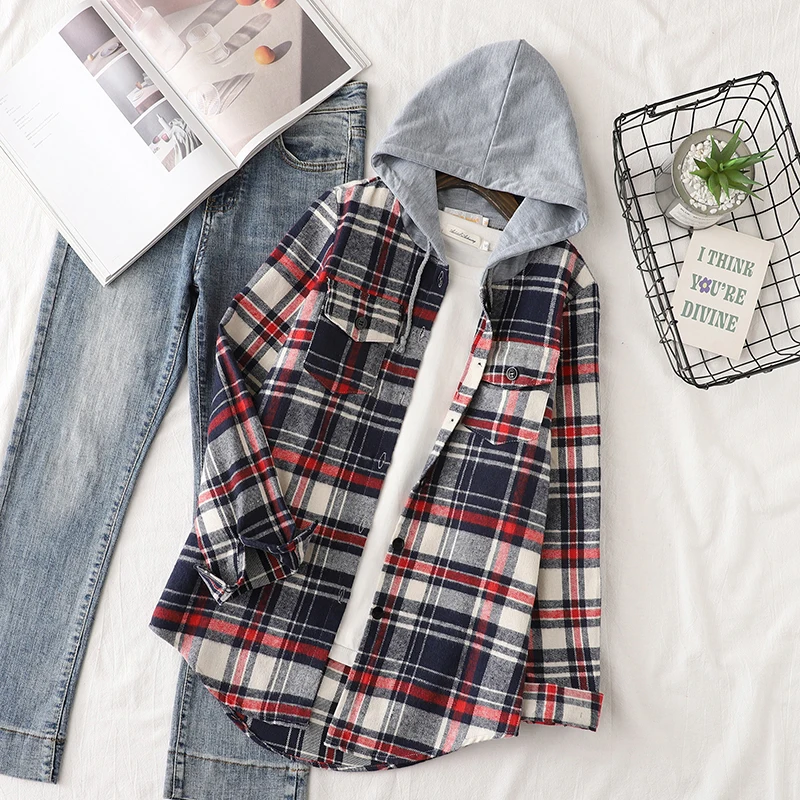 2024 Autumn New Women Long Sleeve Hoodie Style Shirts Casual Women's Red Green Plaid Sweatshirt Tops Lady Checkered Clothes