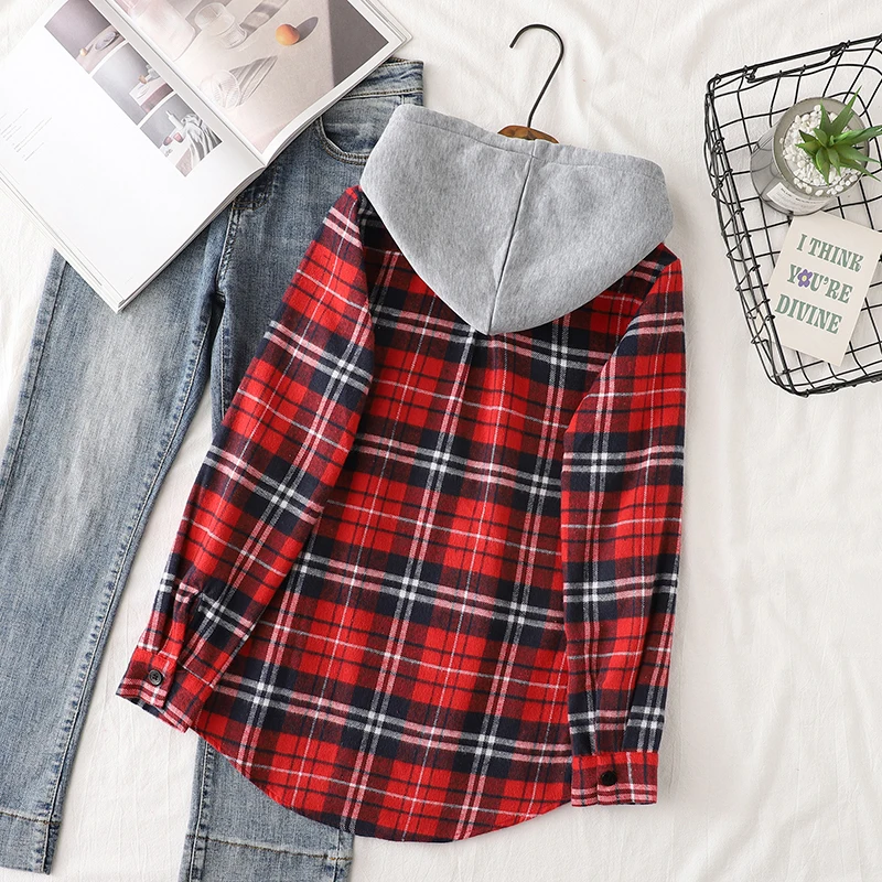 2024 Autumn New Women Long Sleeve Hoodie Style Shirts Casual Women's Red Green Plaid Sweatshirt Tops Lady Checkered Clothes