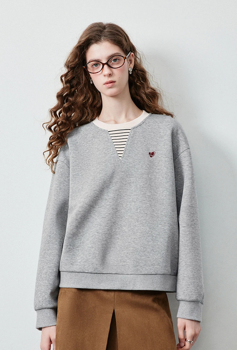 TOYOUTH Women's Fake Two Piece Sweatshirt 2026 Autumn New Arrival Preppy Sporty Striped Splicing Heart Embroidery Top
