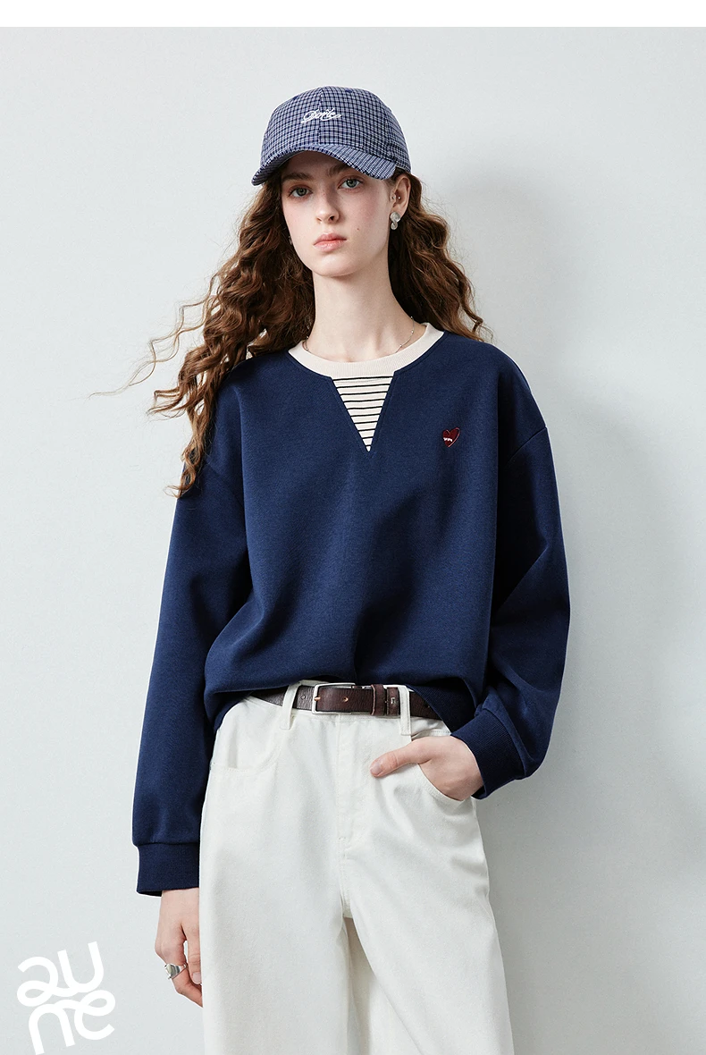 TOYOUTH Women's Fake Two Piece Sweatshirt 2026 Autumn New Arrival Preppy Sporty Striped Splicing Heart Embroidery Top