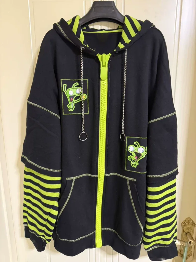 Streetwear Hoodies Jackets Women Clothing Contrast Color Striped Hooded Sweatshirts Cartoon Print Casual Fashion Hoodie Y2k Tops
