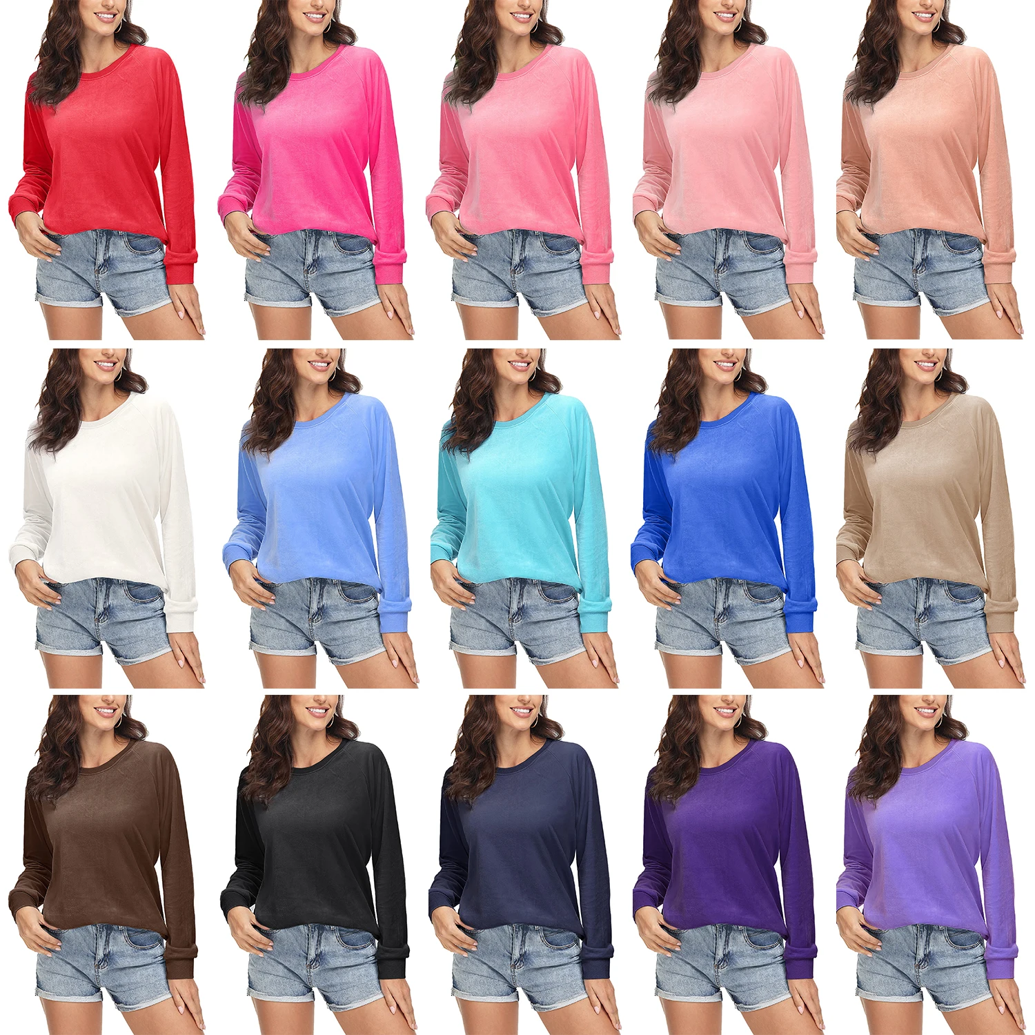 TACVASEN Women's Raglan Sleeve Crewneck Sweatshirt Soft Velour Fleece Pullover Casual Solid Long Sleeve Top with Ribbed Cuffs
