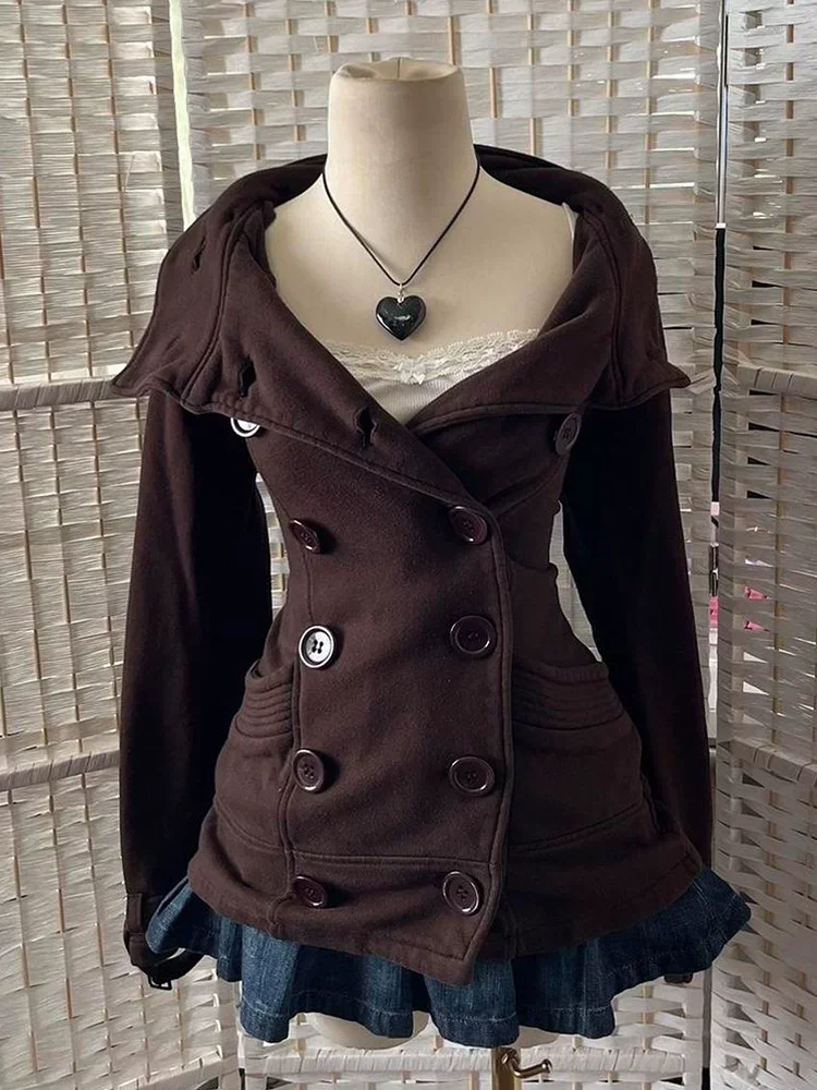 Fashionable retro Harajuku Y2K brown trend double-buttoned women's autumn/winter new style slim-fit designable hooded coat emo