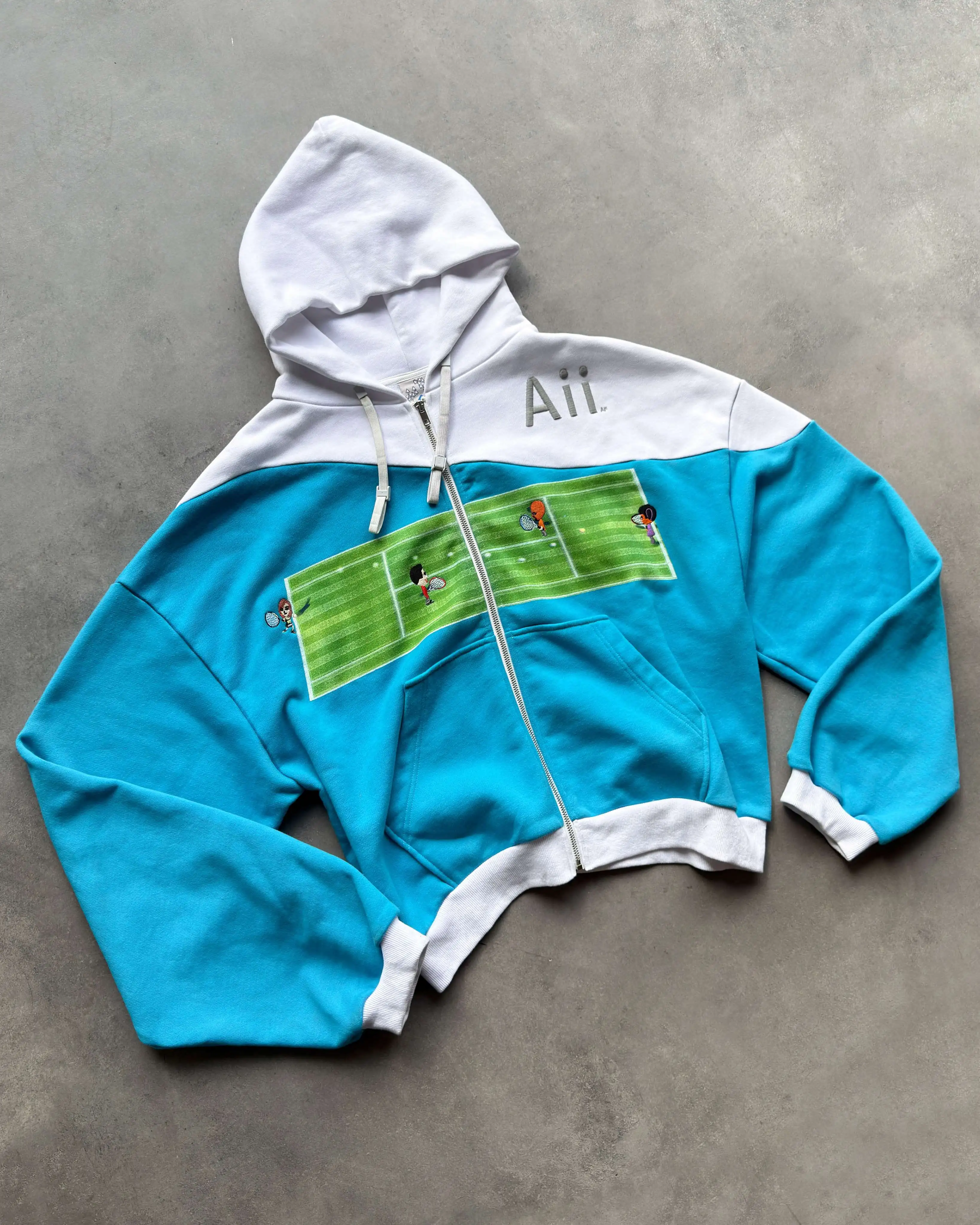 Y2k Women Tennis Cartoon Embroidered Zipper Hoodie Retro Color Blocked Oversize Loose Sweatshirt High Elasticity Unisex Coat