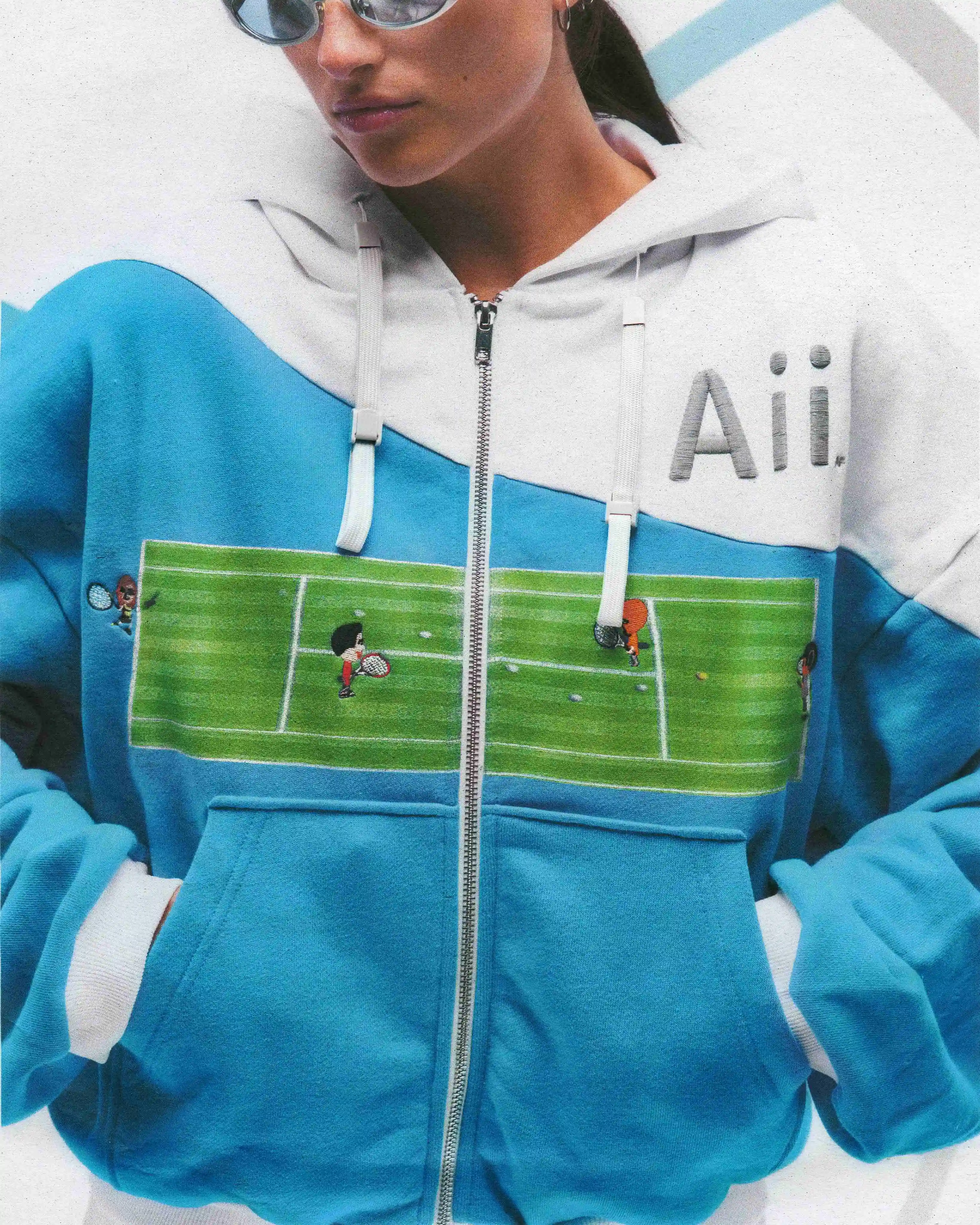 Y2k Women Tennis Cartoon Embroidered Zipper Hoodie Retro Color Blocked Oversize Loose Sweatshirt High Elasticity Unisex Coat