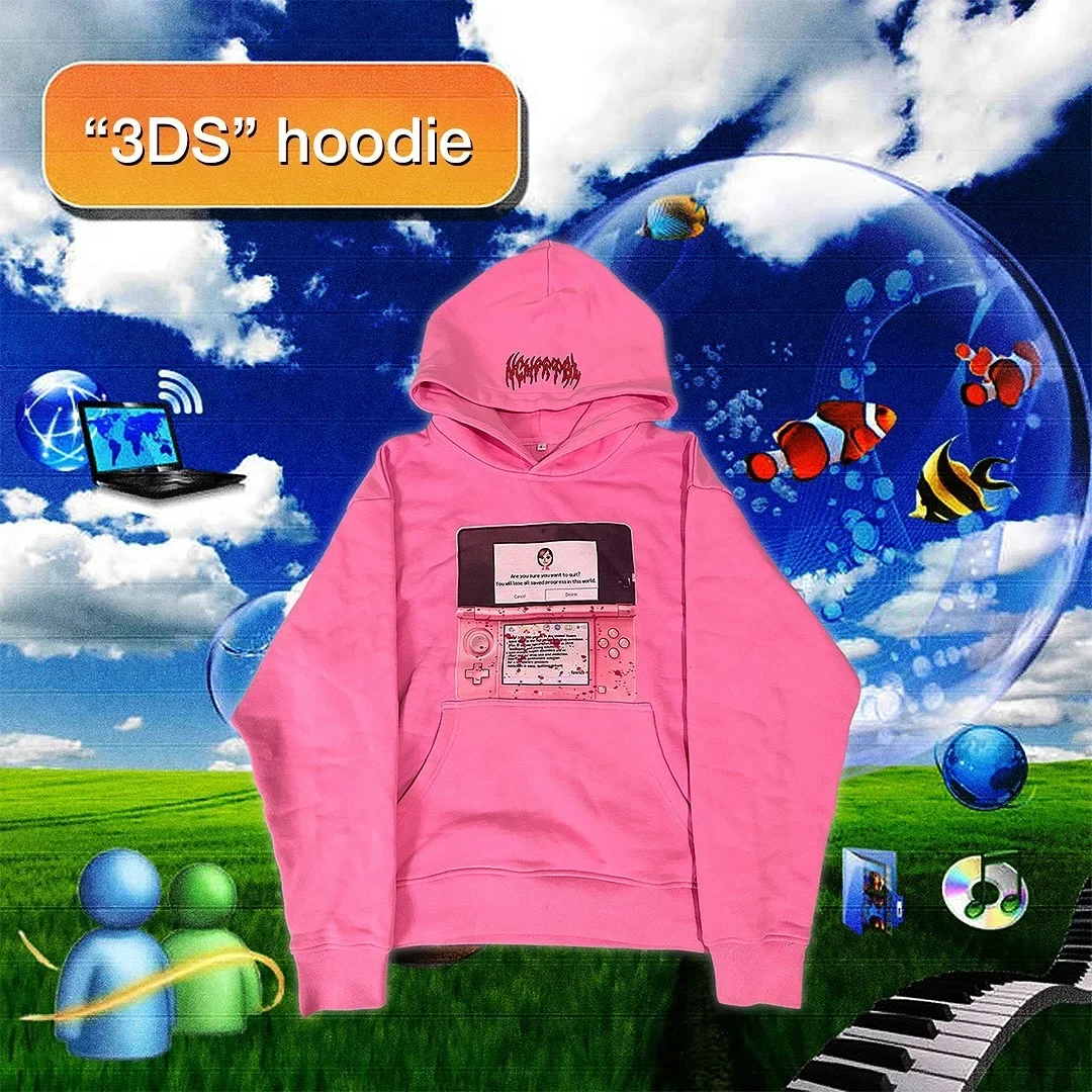 Harajuku Trendy Sportswear Pink 3DS Hoodies Women Mens Streetwear Tape Mark Hot Sell Sweatshirts Zip Up Hoodie Y2k Tops