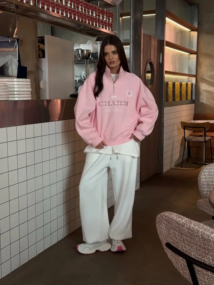 Letter Printed Long Sleeved Women Retro Loose Half Zipper Simple Versatile Windproof Sweatshirt Hoodie Short Sports Shirt