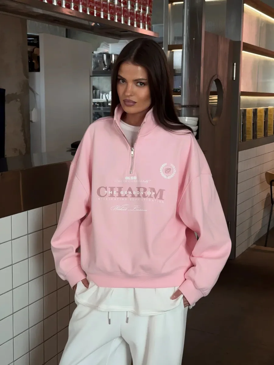 Letter Printed Long Sleeved Women Retro Loose Half Zipper Simple Versatile Windproof Sweatshirt Hoodie Short Sports Shirt