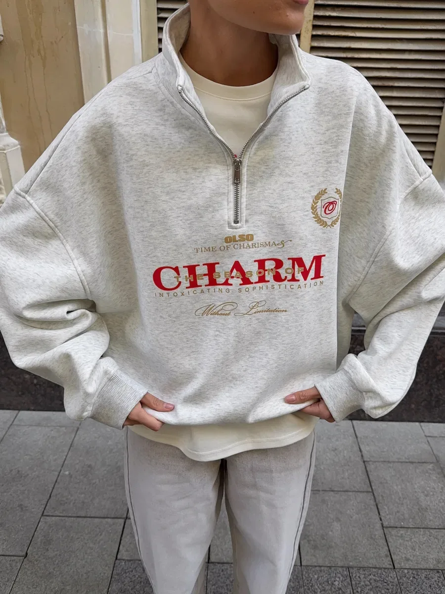 Letter Printed Long Sleeved Women Retro Loose Half Zipper Simple Versatile Windproof Sweatshirt Hoodie Short Sports Shirt