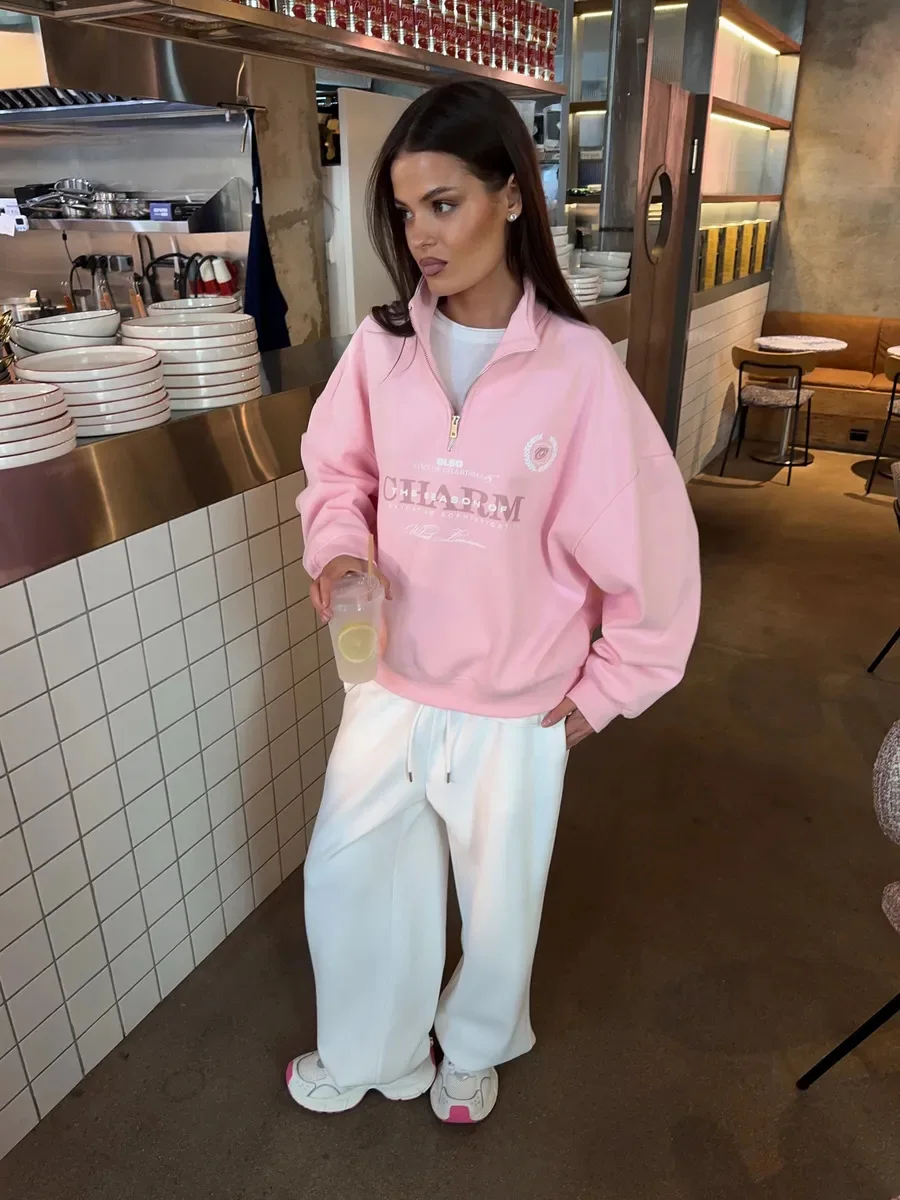Letter Printed Long Sleeved Women Retro Loose Half Zipper Simple Versatile Windproof Sweatshirt Hoodie Short Sports Shirt