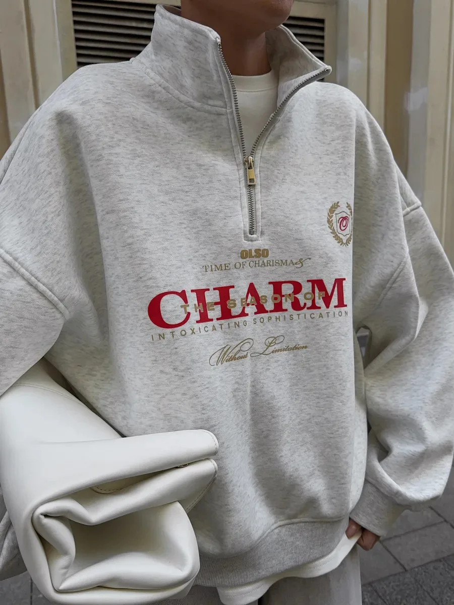 Letter Printed Long Sleeved Women Retro Loose Half Zipper Simple Versatile Windproof Sweatshirt Hoodie Short Sports Shirt