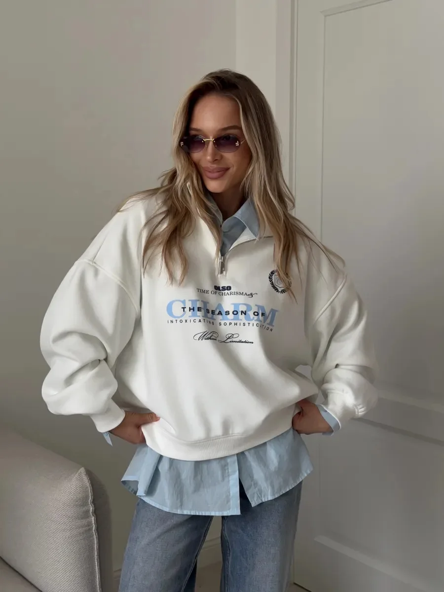 Letter Printed Long Sleeved Women Retro Loose Half Zipper Simple Versatile Windproof Sweatshirt Hoodie Short Sports Shirt