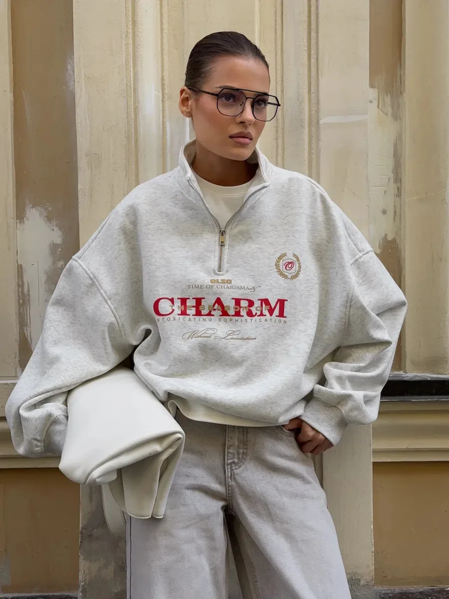 Letter Printed Long Sleeved Women Retro Loose Half Zipper Simple Versatile Windproof Sweatshirt Hoodie Short Sports Shirt