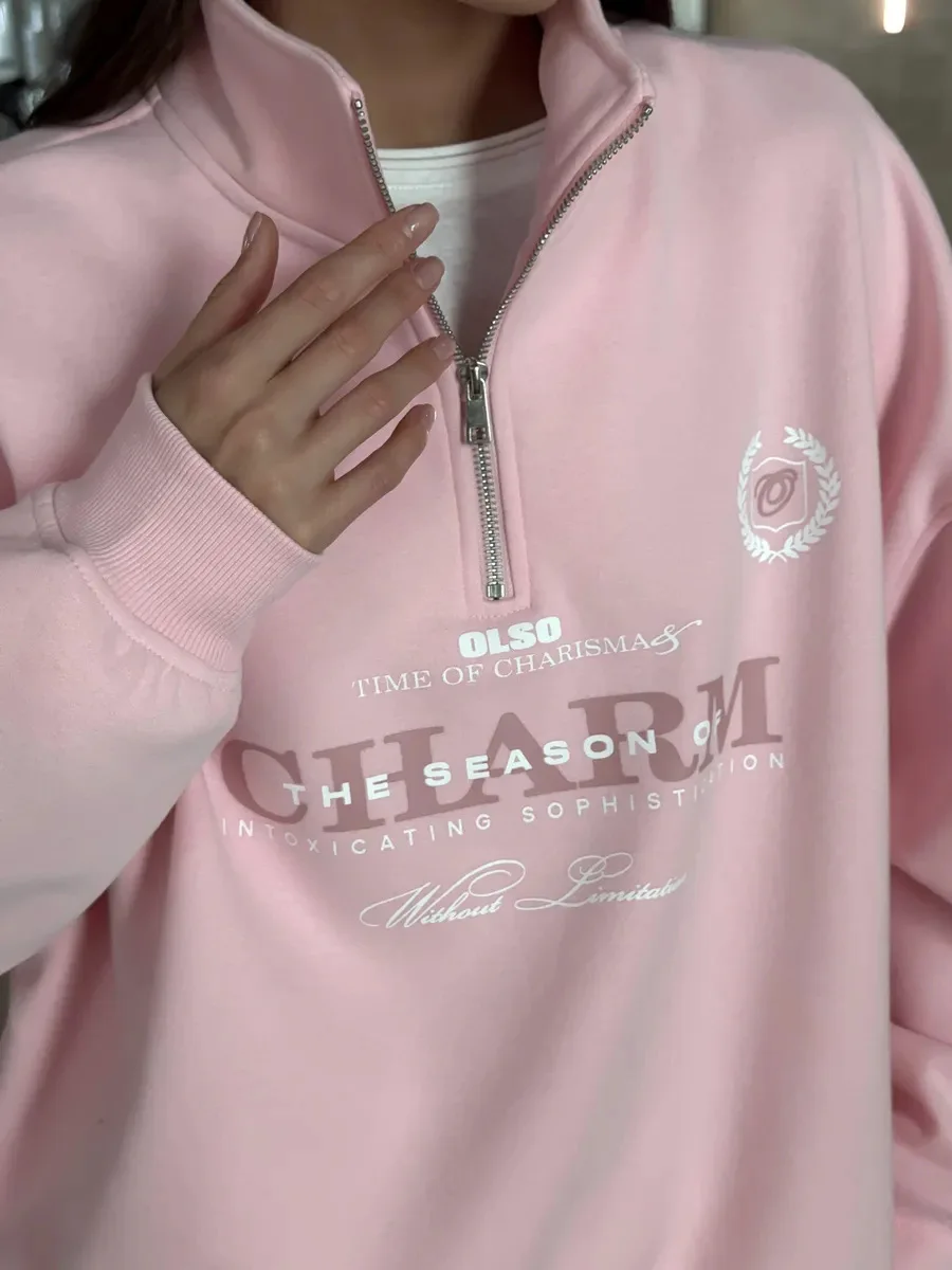 Letter Printed Long Sleeved Women Retro Loose Half Zipper Simple Versatile Windproof Sweatshirt Hoodie Short Sports Shirt