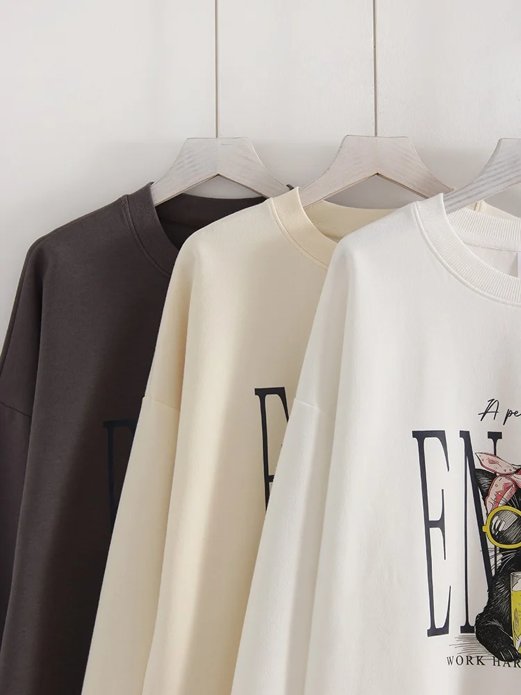 Streamgirl Women Printed Sweatshirts Oversized White Tops Loose O Neck Pink Graphic Sweatshirts For Women Cotton Pullovers