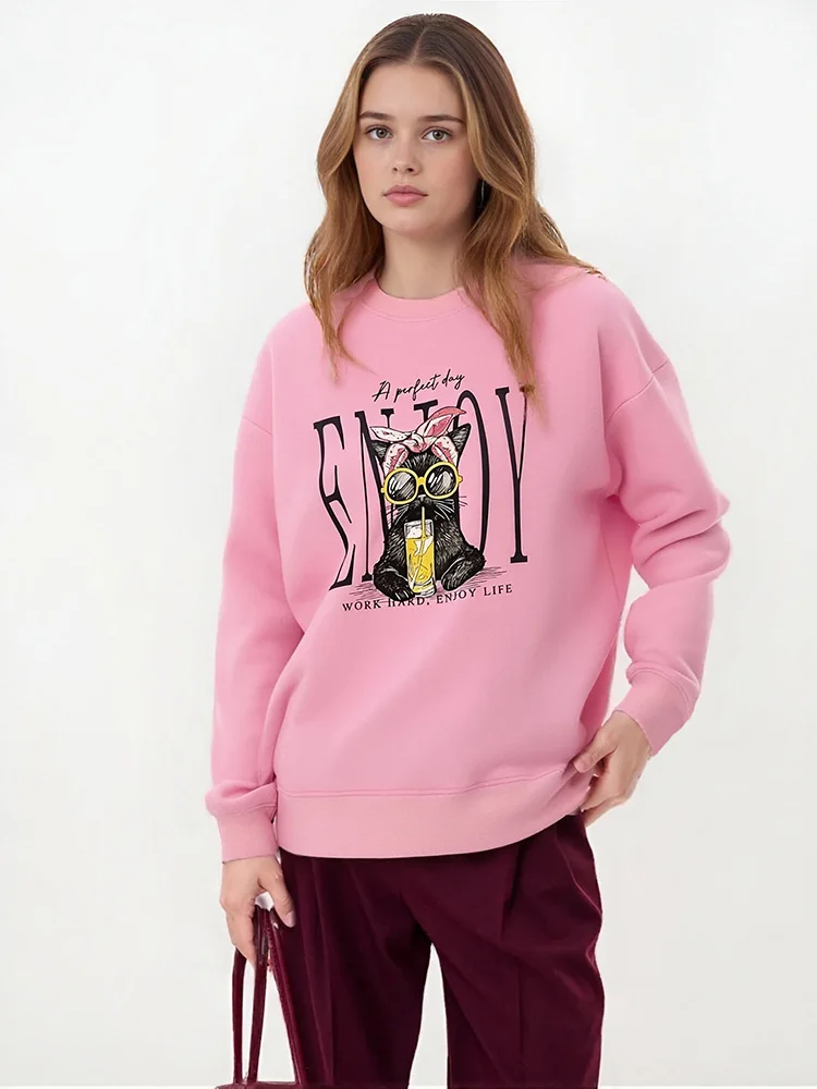 Streamgirl Women Printed Sweatshirts Oversized White Tops Loose O Neck Pink Graphic Sweatshirts For Women Cotton Pullovers