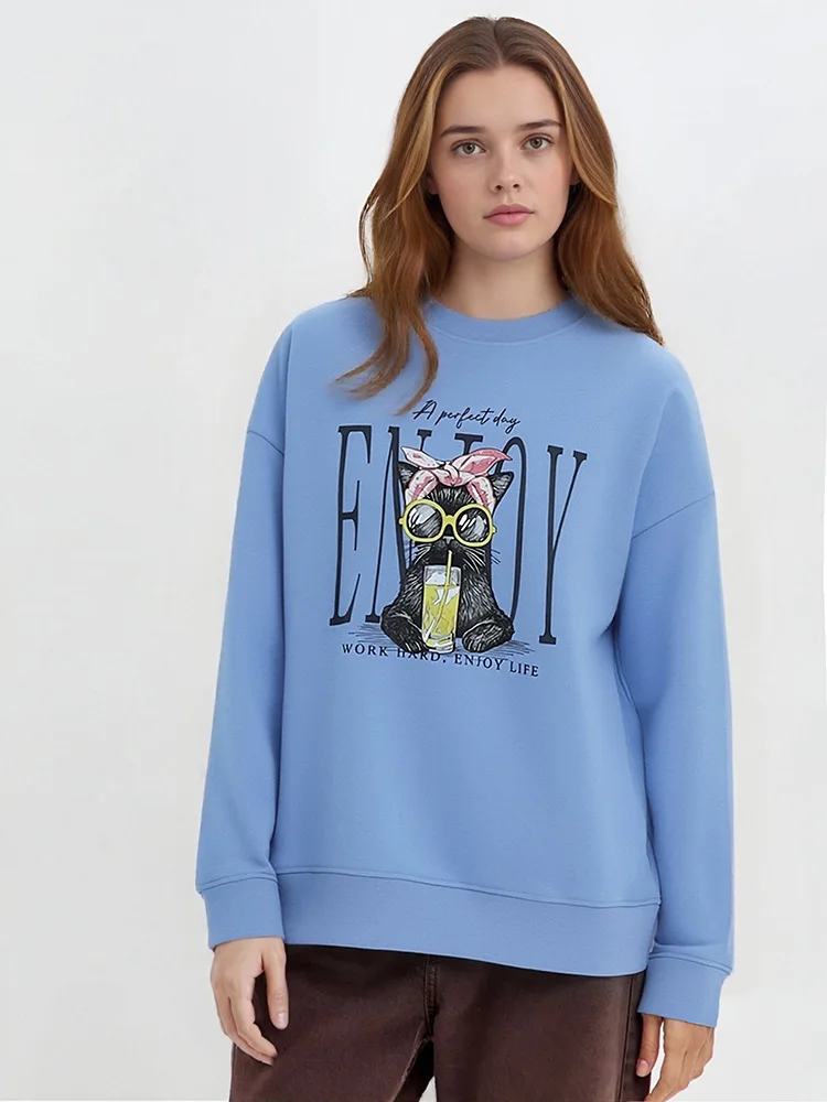 Streamgirl Women Printed Sweatshirts Oversized White Tops Loose O Neck Pink Graphic Sweatshirts For Women Cotton Pullovers