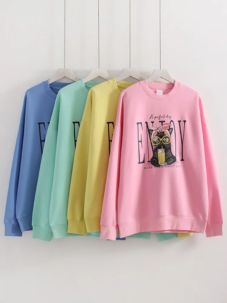Streamgirl Women Printed Sweatshirts Oversized White Tops Loose O Neck Pink Graphic Sweatshirts For Women Cotton Pullovers