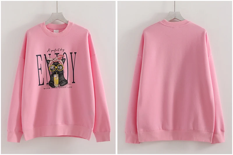 Streamgirl Women Printed Sweatshirts Oversized White Tops Loose O Neck Pink Graphic Sweatshirts For Women Cotton Pullovers