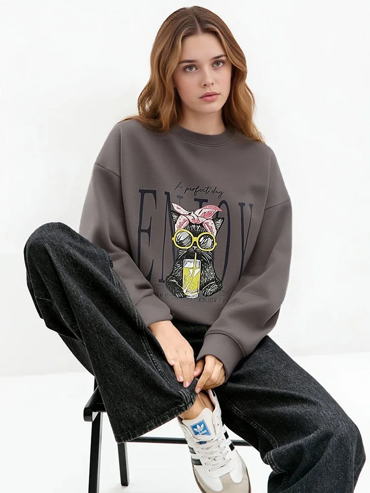 Streamgirl Women Printed Sweatshirts Oversized White Tops Loose O Neck Pink Graphic Sweatshirts For Women Cotton Pullovers