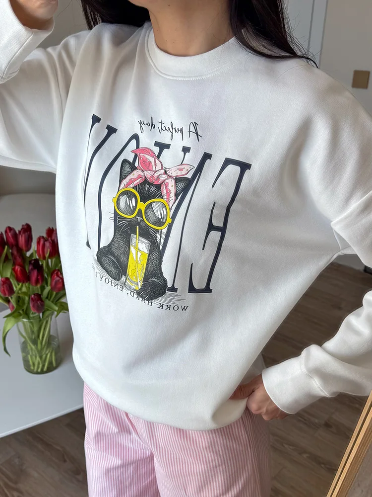 Streamgirl Women Printed Sweatshirts Oversized White Tops Loose O Neck Pink Graphic Sweatshirts For Women Cotton Pullovers