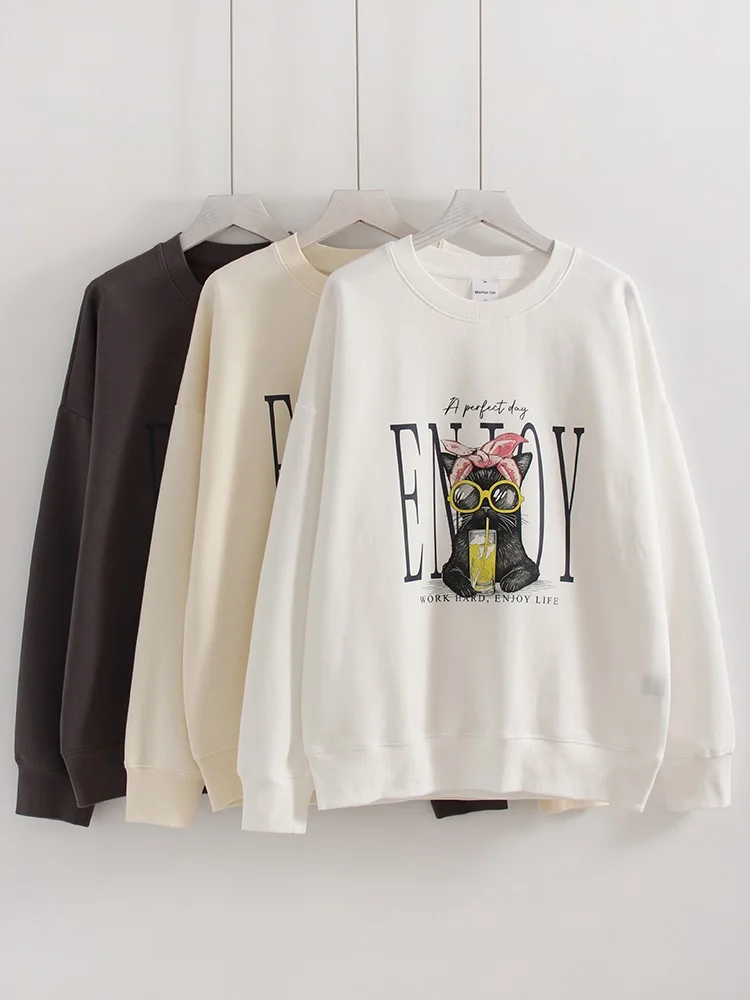Streamgirl Women Printed Sweatshirts Oversized White Tops Loose O Neck Pink Graphic Sweatshirts For Women Cotton Pullovers