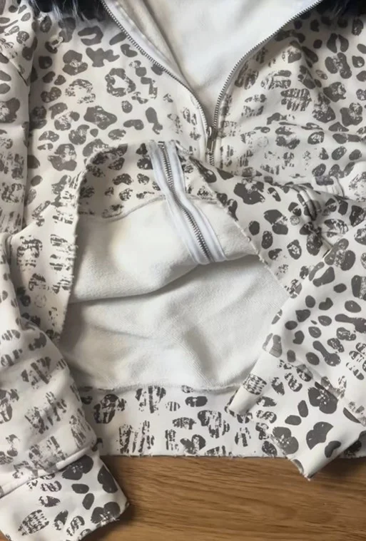 Y2K Streetwear Casual All-Season Fashion Sweatshirt Women's Leopard Print Faux Fur Hood Zipper Hoodie Cropped Oversized