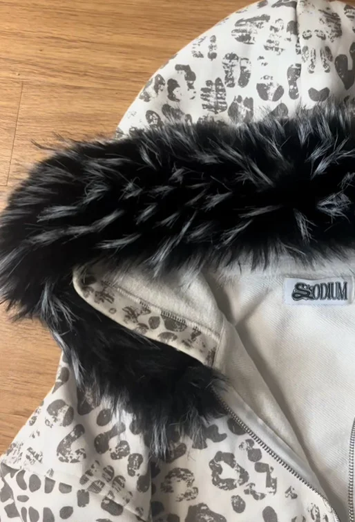 Y2K Streetwear Casual All-Season Fashion Sweatshirt Women's Leopard Print Faux Fur Hood Zipper Hoodie Cropped Oversized