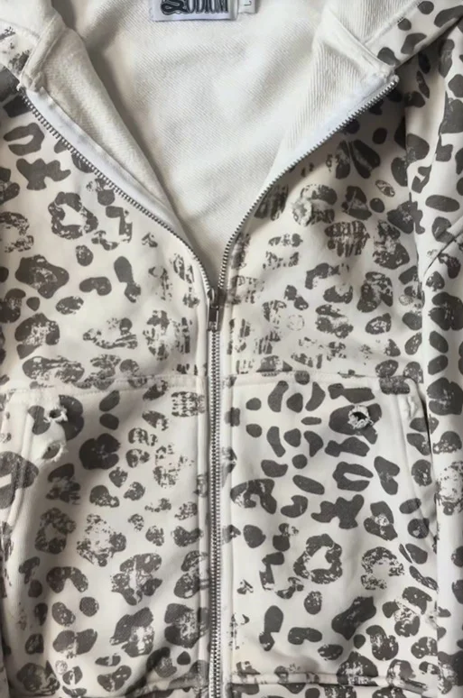 Y2K Streetwear Casual All-Season Fashion Sweatshirt Women's Leopard Print Faux Fur Hood Zipper Hoodie Cropped Oversized