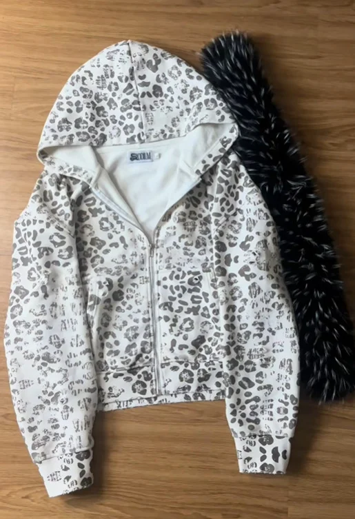 Y2K Streetwear Casual All-Season Fashion Sweatshirt Women's Leopard Print Faux Fur Hood Zipper Hoodie Cropped Oversized