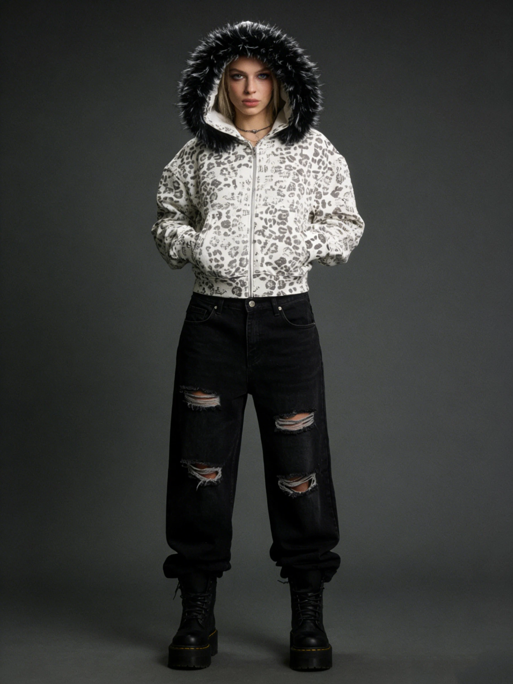 Y2K Streetwear Casual All-Season Fashion Sweatshirt Women's Leopard Print Faux Fur Hood Zipper Hoodie Cropped Oversized